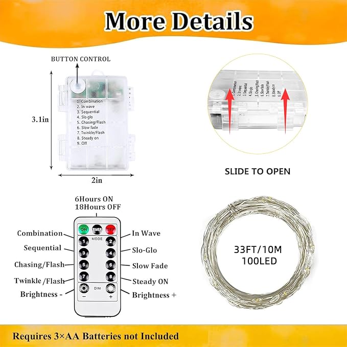 2 Pack Fairy Lights Battery Operated Twinkle Lights Remote Warm White | Total 66FT 200LED String Light, Timer & 8 Modes, Memory, Dimmable, Waterproof Battery Lights Indoor Outdoor Christmas Decor