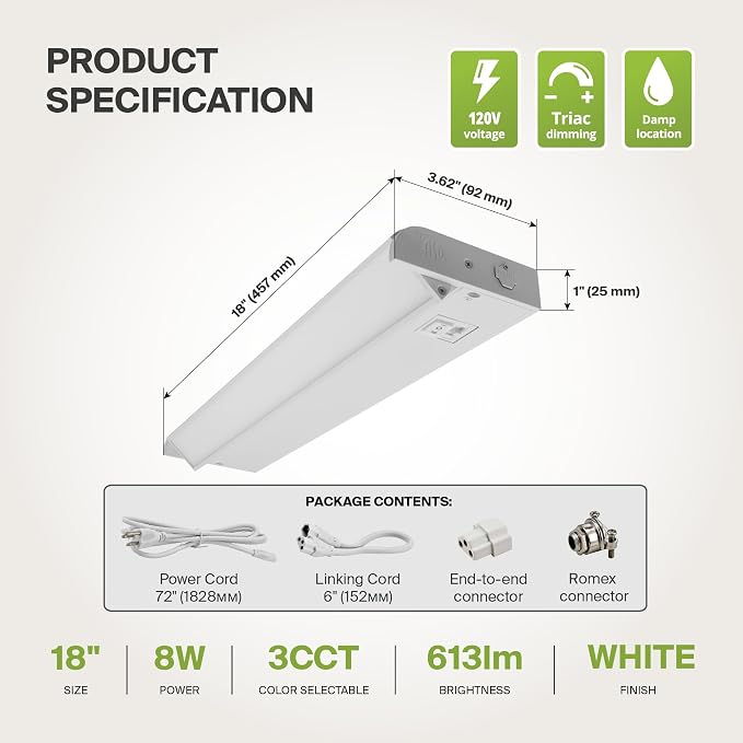 ASD Swivel LED Under Cabinet Lighting Plug in or Hardwired 18 Inch, Dimmable Under Cabinet Lights with High/Low/Off Switch, 3CCT 2700K-4000K, Linkable Under Counter Lights for Kitchen, White, ETL