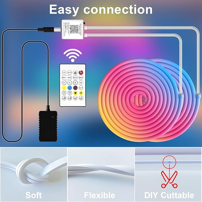 Cozylady RGB Neon Light LED Rope Light,Waterproof Bluetooth APP Remote Control Music Sync Strip Light,24V Flexible DIY Silicone Light for Bedroom Home Indoor Outdoor Decoration (25Ft/7.5M)