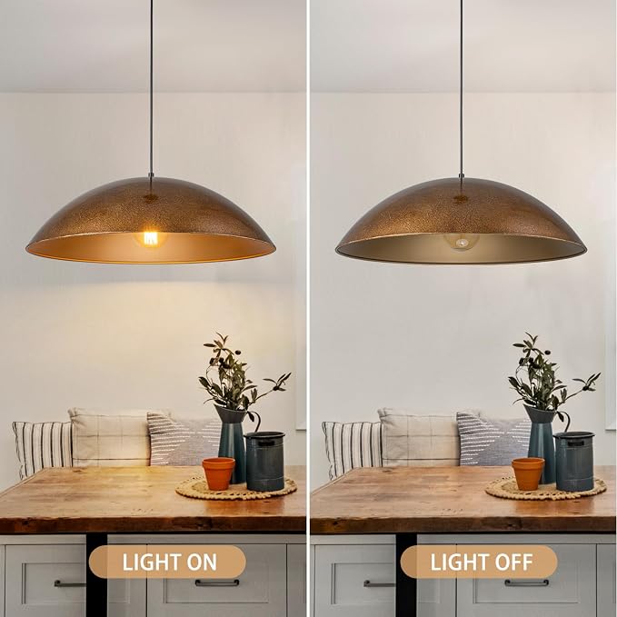 Vintage Antique Brass Dome Pendant Light, 23.6" Oversized Large Farmhouse Pendant Lights Kitchen Island,Hanging Ceiling Light With Curved Edge Metal Shade For Dining Room Over Table Bedroom Bar