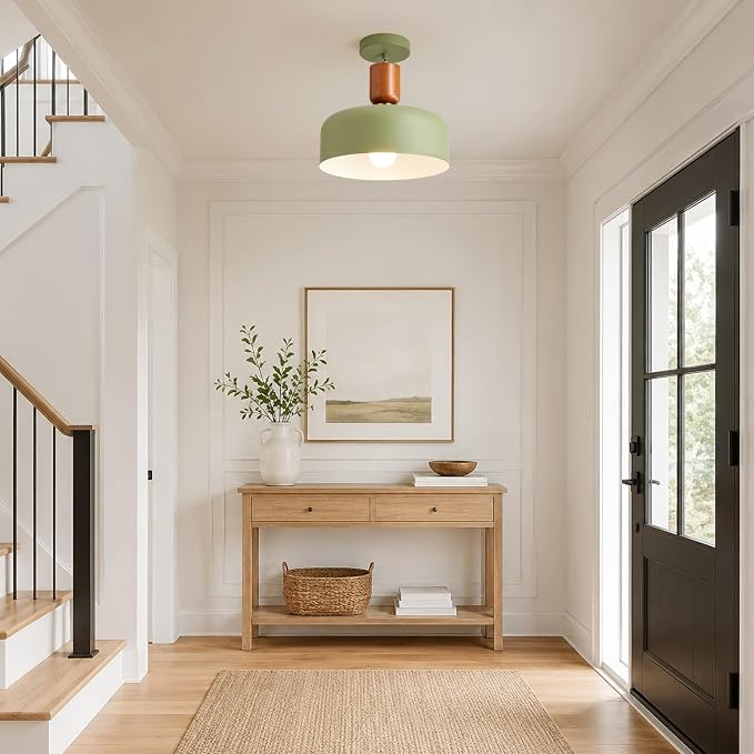 Modern Metal Green Pendant Light: 12" Chandelier Over Kitchen Island Sink | Wood Brushed Brass Mid Century Hanging Ceiling Light, Vintage Farmhouse Fixture for Dining Room Bedroom Hallway Entryway