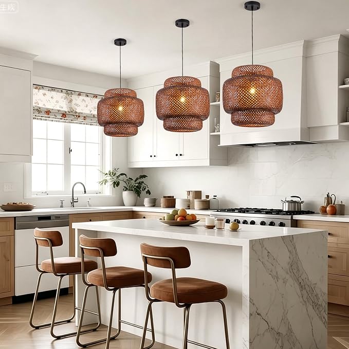 TeruTeru Ji Kaikang Bamboo Pendant Light,15.75" Curry Rattan Hanging Light | 1-Pack Brown Wicker Pendant Light,Hand Woven Chandelier for Kitchen Island Dining Bedroom Living Room Restaurants