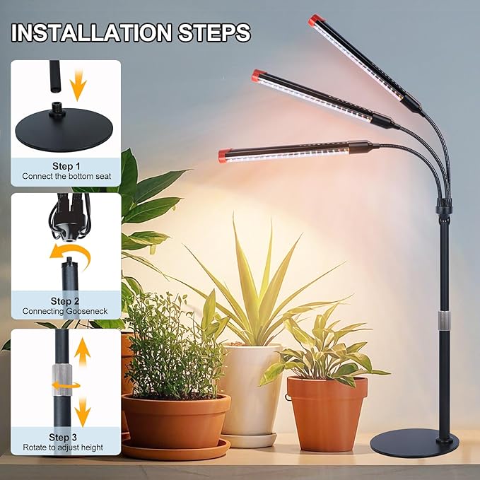 3Head Tabletop Grow Lights for Indoor Plants, Seed Starting, Vegetables, Bonsai, Bright Desk Plant Growing Lamps, 4/8/12/16/20H Timer, 27 Watt Power Draw, NO Need Adapter, 360° Gooseneck