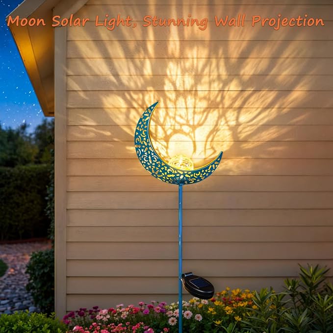 Moon Solar Garden Lights Outdoor Stakes, Waterproof Crackle Glass Metal Yard Lights for Lawn, Patio Accessories, Backyard Decor, Birthday Gifts for Mom