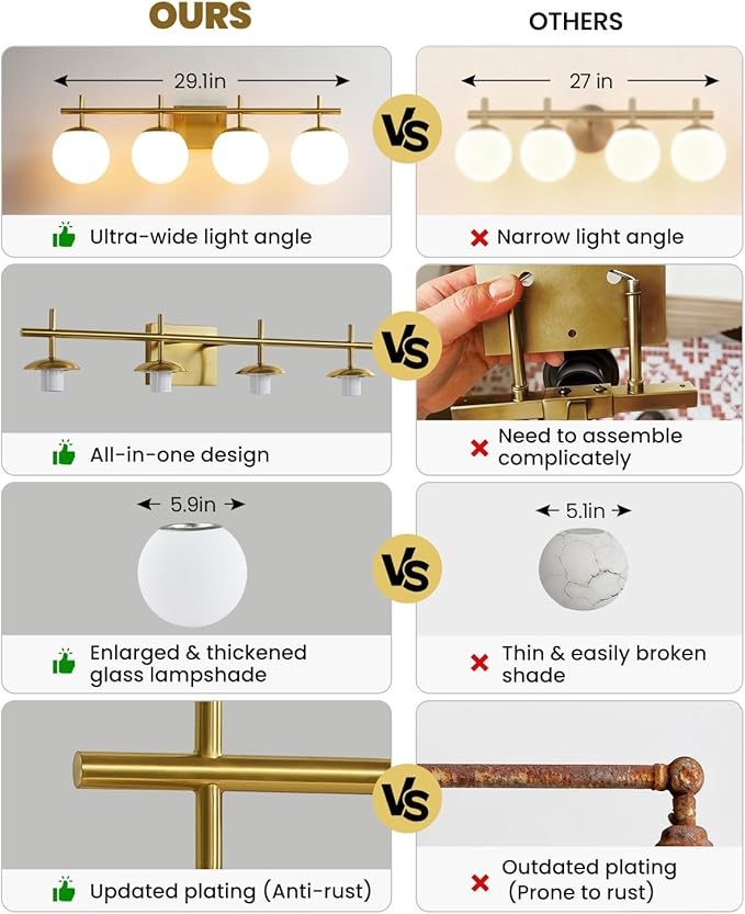 Bathroom Light Fixtures, 4-Light Brushed Gold Bathroom Vanity Lights Over Mirror, 30.7 Inch Modern Vanity Lighting with Milky White Glass Globe Shade Wall Sconce Lighting Bath