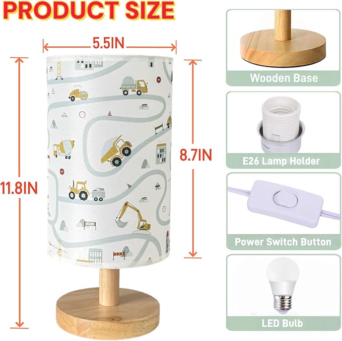Kids Desk Lamp for Bedroom Boy,Reading Car Lamp,3-Way Dimmable Bedside Night Light with Cartoon Pattern Printed Shade and Wood Base for Kids Room Nursery Living Room Decor,Car Gift for Boys