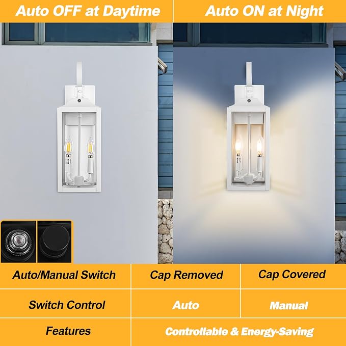 19" White Dusk to Dawn Outdoor Wall Lantern 2-Light, Farmhouse Porch Lights | Waterproof Outdoor Wall Sconce, Anti-Rust Modern Outdoor Light Fixture with Glass Large Coach Lights for Porch Garage, 1-Pack