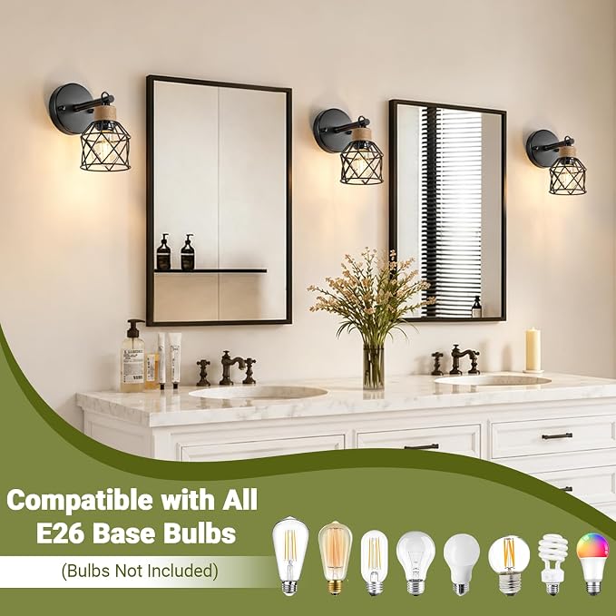 Set of 2 Wall Sconces for Bathroom, Black Modern Vanity Lights with Metal Lampshade, Bathroom Wall Lamp for Mirror Kitchen Living Room Hallway Cabinet Porch, E26 Socket