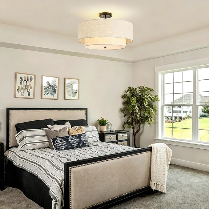 4-Light Semi Flush Mount Ceiling Light, 19.7" Double Drum Ceiling Light | 2-Tier Fabric Linen Shade Design, Modern Style, Black Ceiling Light for Dining Room, Living Room, Bedroom, Hallway, Entryway