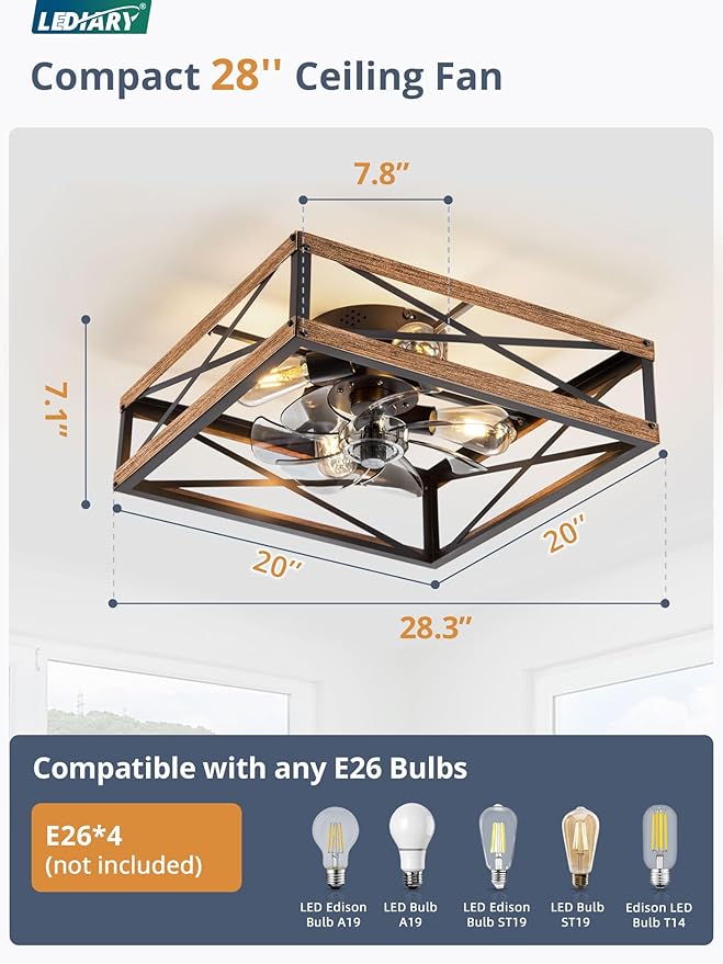 LEDIARY 20” Caged Low Profile Ceiling Fans with Lights and Remote, Rustic Square Flush Mount Ceiling Fan, 6 Speed and Reversible, Small Farmhouse Bladeless Ceiling Fan for Bedroom, Kitchen,Dining Room