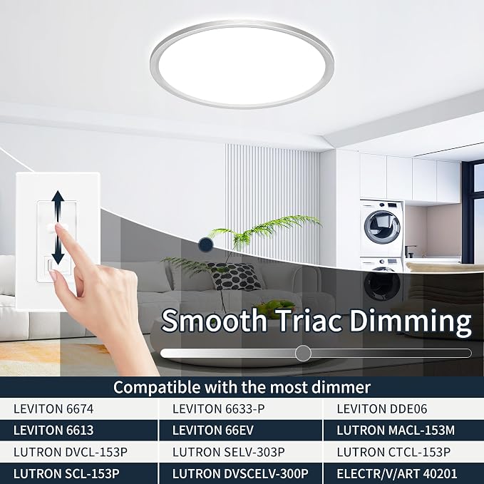 MOONSEA 24-Inch Flush Mount LED Dimmable Ceiling Light Round – 50W | 3000K/4000K/6500K, Brushed Nickel Finish, 0.98in Low Profile Ceiling for Bedroom, Kitchen, Brightness Dimmable with Dimmer