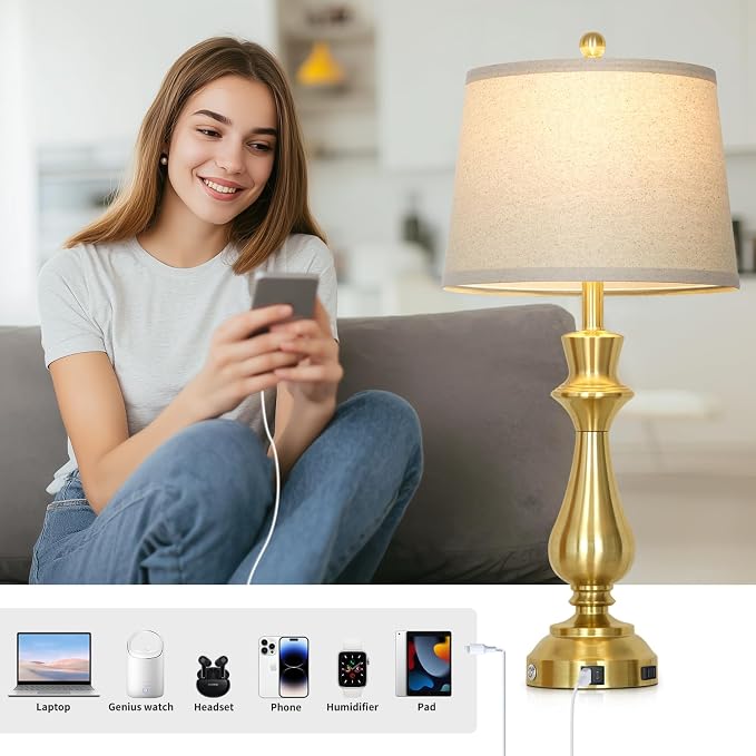 Modern Gold Table Lamp for Living Room,30" Tall Bedside Lamp with USB Charging Port,3-Way Dimmable Touch Nightstand Lamp for Bedroom Desk Side Table Office,Gold-1P