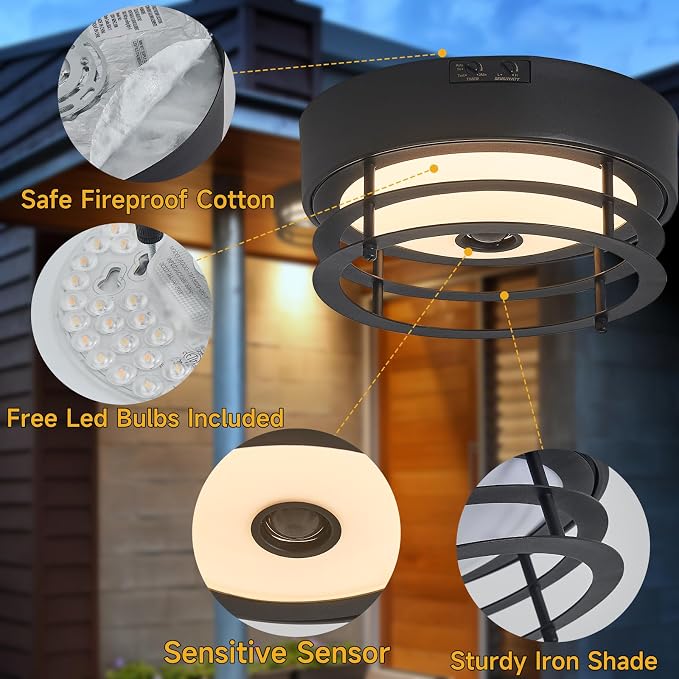 Yisuro Outdoor Ceiling Light with Motion Sensor, Dusk to Dawn Flush Mount Ceiling Light, LED Light, Adjustable Timer & Sensitivity, Exterior Porch Light Fixture for Front Door, Patio, Garage, Black