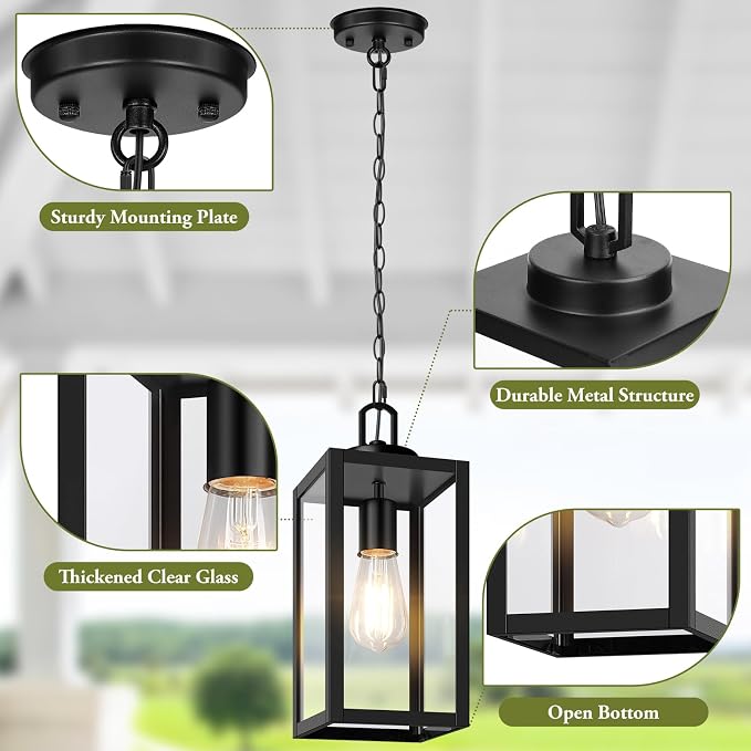 Outdoor Pendant Light, Modern Hanging Lantern for Porch, Black | Hanging Height Adjustable, Waterproof, Rust-Resistant, Durable Metal & Clear Glass, Standard E26 Sockets, Easy to Install