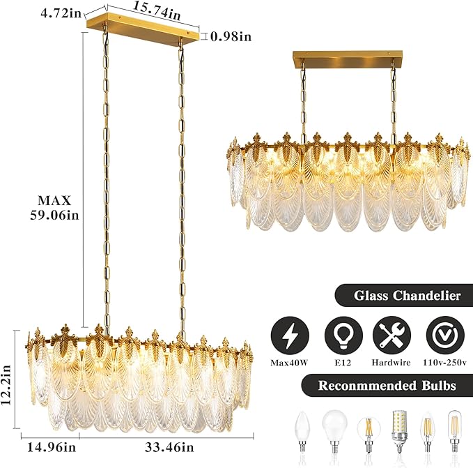 Rectangular Crystal Glass Dining Room Chandelier, 8 Light Gold Chandeliers Lighting Fixture, L33.5'' Height Adjustable Oval Ceiling Pendant Light for Office Coffee Over Table Kitchen Island