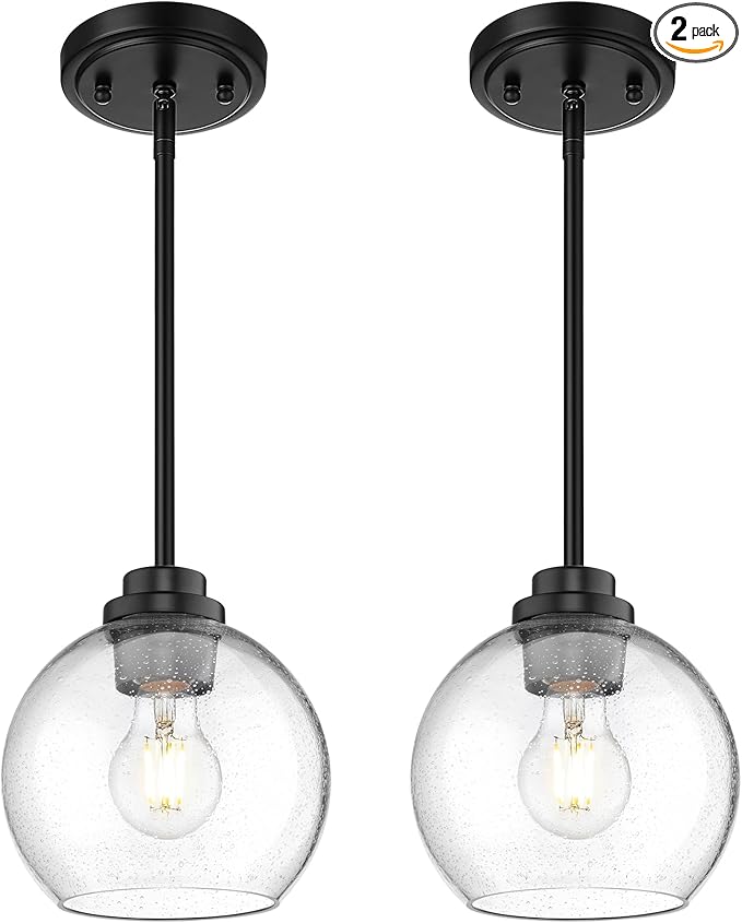 2-Pack Pendant Lights Kitchen Island, 7" Modern Black Hanging Lights Fixtures with Clear Seeded Glass Globe Shade, Kitchen Island Lighting for Bathroom, AD-22280-1P2-BK-S