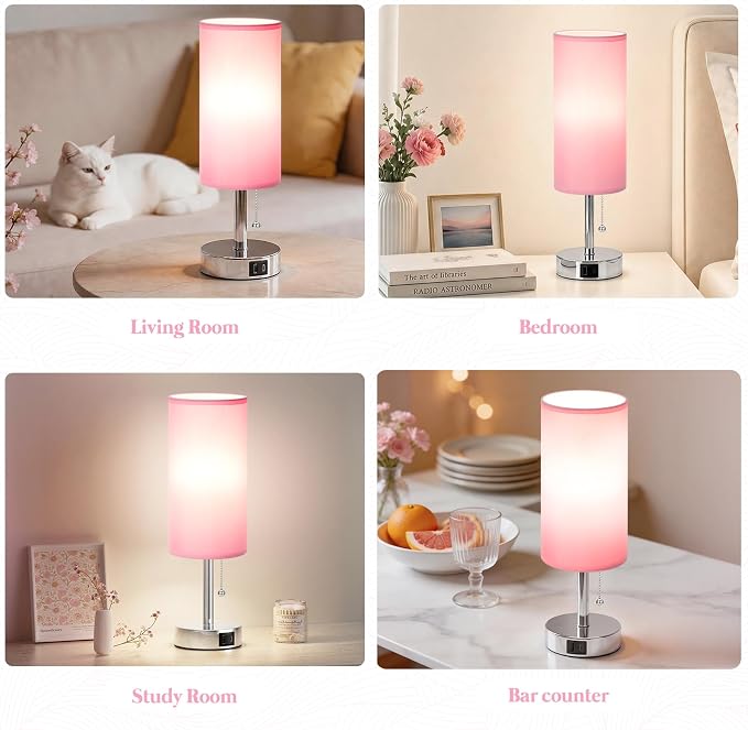 Pink Bedside Table Lamp for Bedroom - Small Nightstand Lamp for Girls | 3 Color Temp, USB A+C Ports, LED Bulb Included, Soft Pink Fabric Shade, Sleek Silver Metal Base, 14" Desk Lamp for Kids Dorm