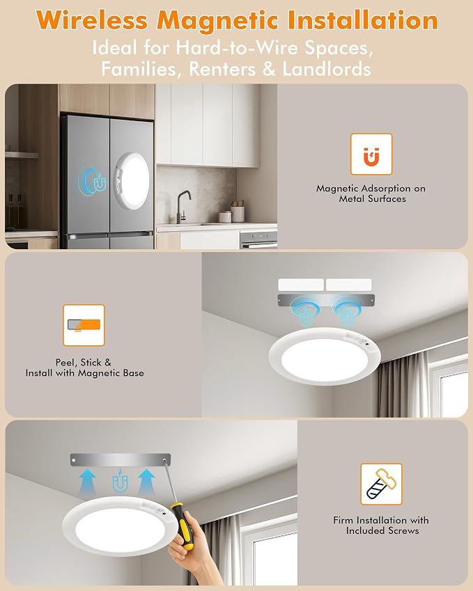 Rechargeable Ceiling Light 2 Pack, Magnetic Motion Sensor with Remote | Wireless Dimmable Battery Operated LED Ceiling Lights for Closet Shower Hallway Pantry Shed Porch Stairs