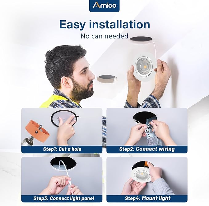 Amico 6 Pack 4 Inch 5CCT Gimbal LED Recessed Lighting, 360°&90° Adjustable Eyeball Directional Downlight, Dimmable, 2700K/3000K/3500K/4000K/5000K Selectable, CRI90+ 9W 700LM, ETL&FCC
