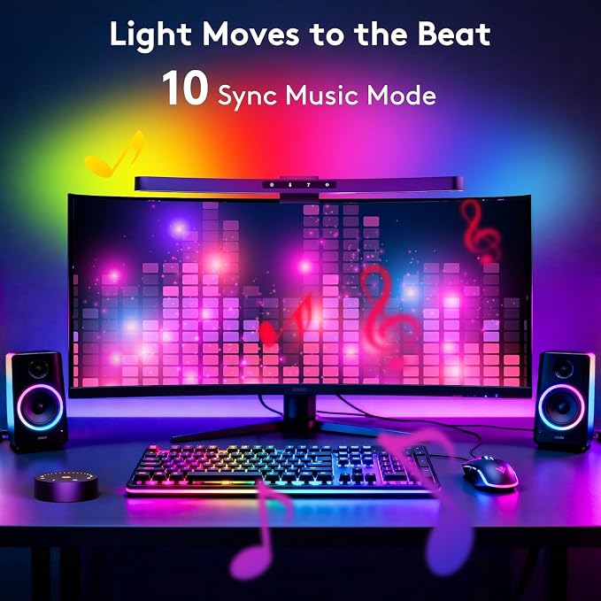 Quntis 17.7'' Curved Monitor Light Bar RGB Backlight with Music Sync, Black | Gaming & Home Office, Ra95 Eye-Care, 23 RGB Effects, Touch & Remote Control, 17–34" Curved & Flat Monitors, Webcam Compatible