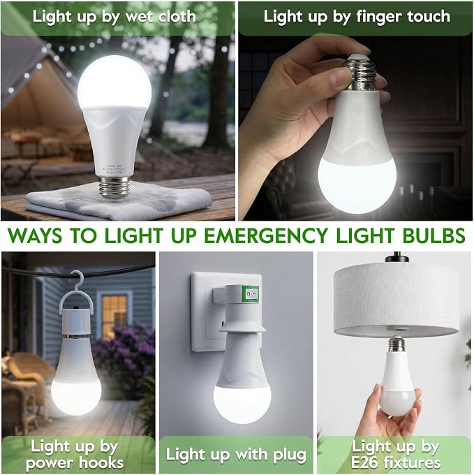 Rechargeable Light Bulbs, 9W Battery Operated Light Bulbs | Power Outage Lights, Emergency Lights for Home Power Failure, 6000K Daylight, 10 Pack