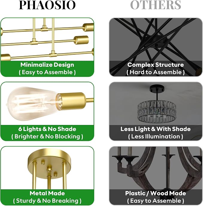 Modern Sputnik Chandelier Ceiling Light Fixtures, 6-Lights 22” Mid Century Industrial Metal Semi Flush Mount for Dining Room, Bedroom, Living Room-Brushed Gold