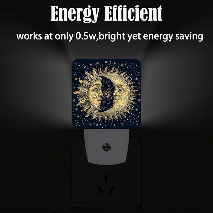 Celestial Moon Golden Sun Night Light,Chic Stars Plug Into Wall for Boys Girls Bedroom Decorative Square Night Light Lamp 0.5w Sleep Friendly