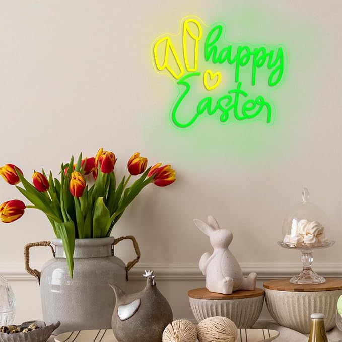 Easter Rabbit Ears Neon Sign Happy Easter LED Neon Light USB Powered Bunny Rabbit Light Up Sign for Wall Decor Bar Party Bedroom Shop Pub