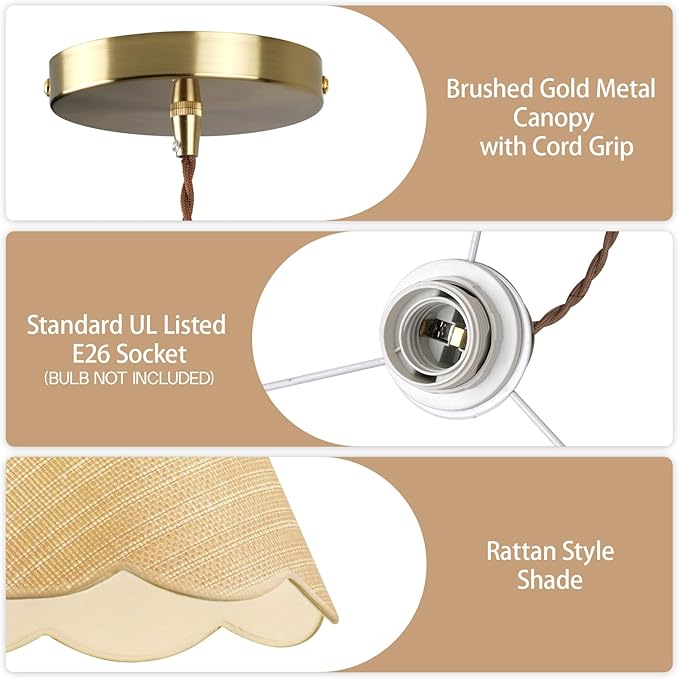 13" Gold Rattan Pendant Light, Modern Farmhouse Hanging Lamp with Scalloped Drum Shade, Vintage Coastal Boho Lighting Fixture for Kitchen Island, Dining Room, Bedroom, Living Room, Foyer
