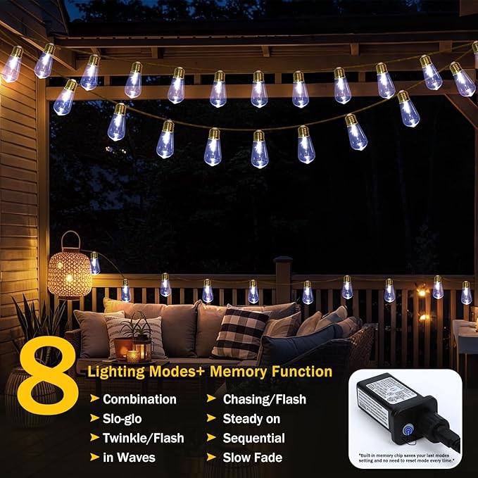 (New) Outdoor String Lights, 24FT Hemp Rope LED Patio Lights, Waterproof 8 Light Modes Plug-in Hanging Edison Bulb Lights for Backyard, Garden, Porch, Wedding, Christmas Decor