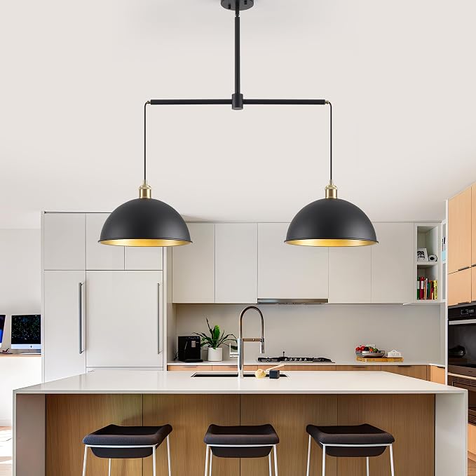 Farmhouse Black Pendant Light with 2-Lights, 11.81" Dome Pendant Lights Fixtures Modern Adjustable Hanging Lighting for Kitchen Island Dining Room and Foyer