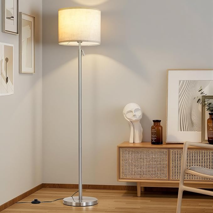 Floor Lamp Height Adjustable with Remote for Living Room and Bedroom Silver | 55"- 67" Height Adjustable Silver Standing Lamp with Dimmable 12W LED Bulb - Tall Stand Light with Shade for Corner Lighting