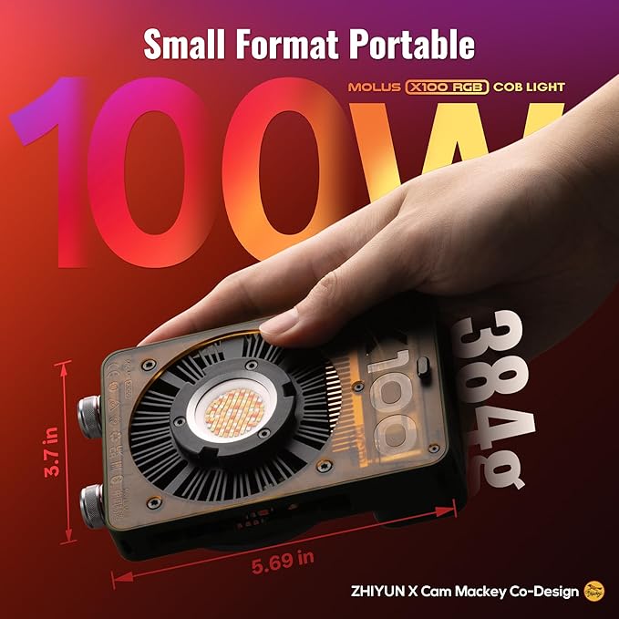 ZHIYUN MOLUS X100 RGB PRO 100W Video Light [Official] V2 Upgraded Version Professional Photography Lighting Portable Continuous Output Lighting 2500K~10000K CRI≥95 TLCI≥97 Only 384g (Green Collab)