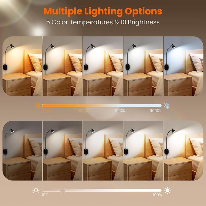 Wall Mounted Reading Light, LED Wall Bedside Lamp with Adapter Black | 5 Color 10 Brightness,Plug-in Adhesive Wall Reading Lights for Books in Bed, Auto-Off Timer Wall Lights for Bedroom Headboard