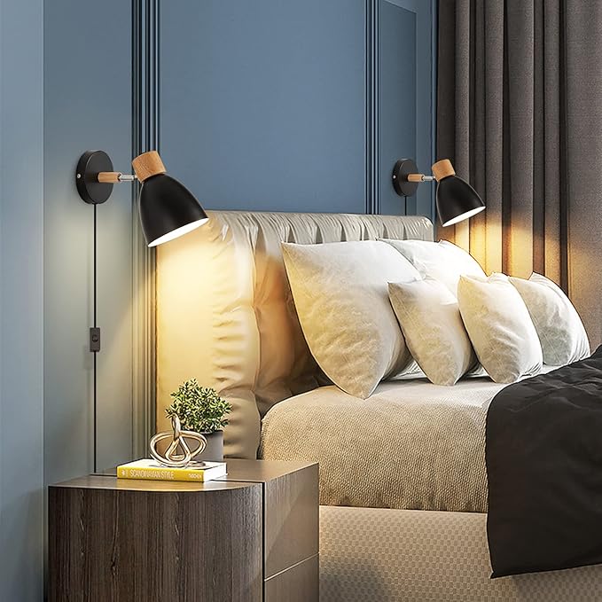 Wall Sconces Plug in, Swing Arm Wall Lamp with Power Cord, Black Plug in Wall Lighting Fixtures Set of Two, Bedside Wall Mounted Reading Lamp with Switch, for Bedside Bedroom Hallway