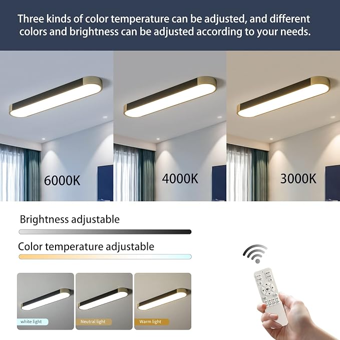 Tioolo Modern Ceiling Light, Dimmable LED Ceiling Light with Remote, 27.5in | Linear Flush Mount Ceiling Light, Black Gold Ceiling Light Fixture, 3000K-6500K, Memory, 36W for Kitchen, Hallway, Closet