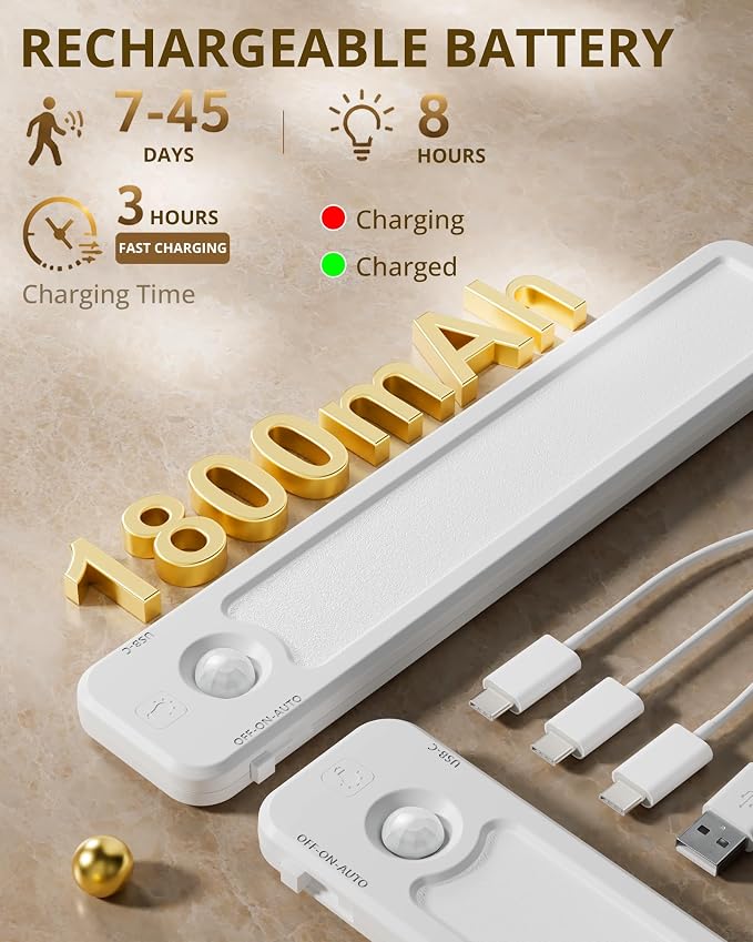 6 Pack Under Cabinet Lighting Wireless, 48 LED Rechargeable Motion Sensor Light Indoor, 3 Color Temps & Dimmable, Magnetic Under Counter Lights for Kitchen, Closet, Stair(9.4inch)