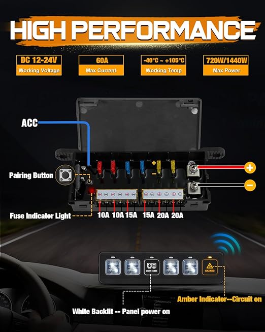 6 Gang Wireless Switch Panel, Niking Auto Multifunction Remote Control Switch Box with Toggle Pulsed LED Switches Memory 4 Light Modes 12V 80A Circuit Control Relay System Pods for Trucks ATV Boat