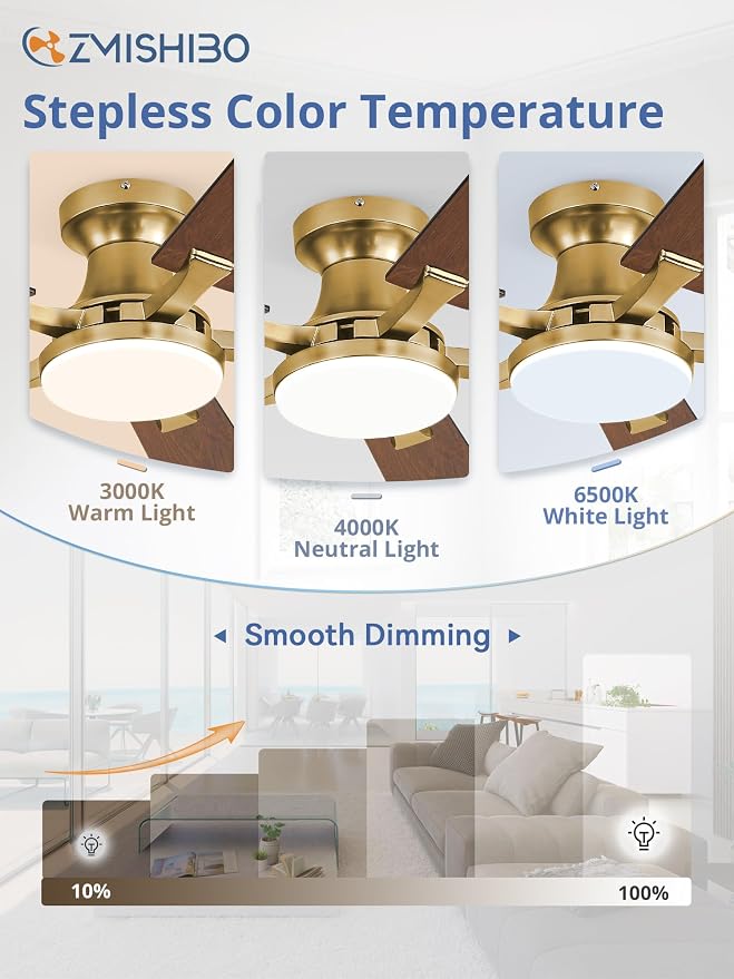 ZMISHIBO 52 Inch Ceiling Fans with Lights, Remote&App Control, Flush Mount | Low Profile, Dimmable 20W LED Light, Quiet Reversible Motor, Strong Airflow, Easy Install for Bedroom/Living Room/Apt, Gold