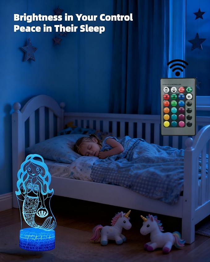 Mermaid 3D Illusion Night Light, 2 Patterns, Girl Gift LED Lamp | 16 Colors Changing, Dimmable, Touch & Remote Control, Room Bedroom Bedside Decor, Birthday Christmas Toy Idea for Kid Teen