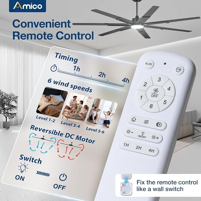 Amico 74 Inch Ceiling Fans with Lights and Remote, Black | 6 Speed Reversible DC Motor, 3CCT, Dimmable, Quiet, Timer, Large Modern Ceiling Fan for Living room, Indoor/Outdoor