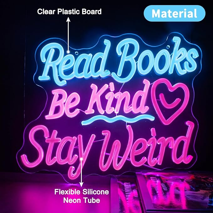 Read Books Be Kind Stay Weird Neon Sign Neon Signs for Wall Decor, Dimmable Read Books Neon Lights LED Sign, Bedroom Bookstore Reading Room Library Study Decoration 14.17 x 12.99 inch