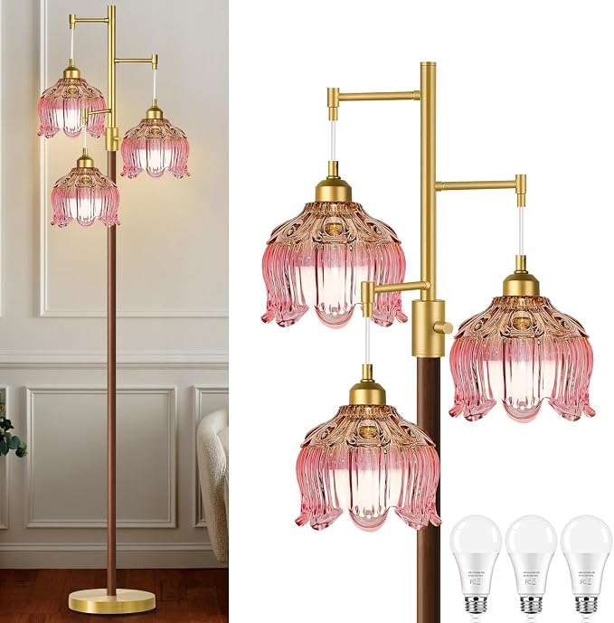 Wood Floor Lamps for Living Room Bedroom-3 Lights Vintage Floor Lamp with Flower Glass Lampshape,Gold Mid Century Modern Standing Lamp Pink Tall Floor Lamp for Bedroom Living Room Corner