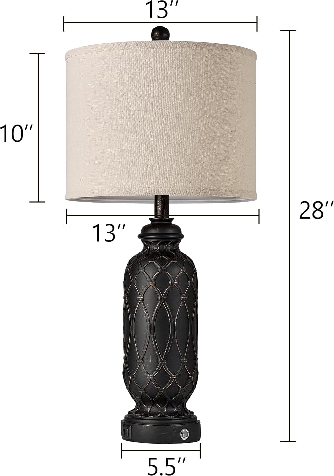 Black Farmhouse Lamps for Living Room Set of 2, 28" Bedroom Lamps Set of 2 with USB Ports, Dimmable Bedside Lamps Nightstand Lamps
