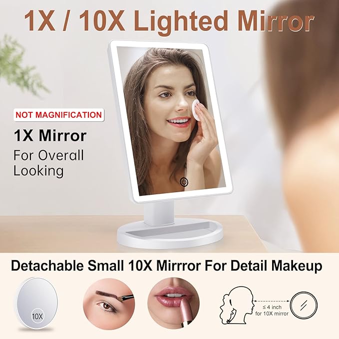 COSMIRROR Makeup Vanity Mirror with 3 Color Lighting, Lighted Makeup Mirror with 72 LED Lights and 10X Magnifying Mirror, Dual Power Supply, 180 Degree Rotation Cosmetic Tabletop Light up Mirrors