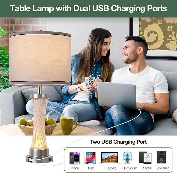 3-Way Dimmable Table Lamp Set of 2,Touch Control Lamp with Night Light,Modern Crystal Table Lamps for Bedroom,Living Room，Bedside Lamps with USB A+C Ports，Fabric Lampshade(Blubs Included)