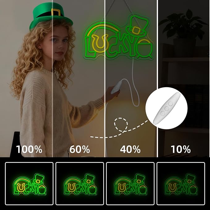 Lucky Clover Neon Sign Green Leaf Light for St. Patrick's Day Decoration | 15.7IN*9.8IN,Five level brightness adjustment,USB power,For Bar,Club,Pub,Party,Restaurant,Bedroom,Home,Family