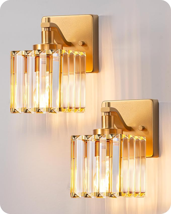EDISHINE Modern Gold Crystal Wall Sconces Set of 2, Bathroom Vanity Lights | Hardwired, 1-Light, Standard E26 Base, Up Down Mounting, Bath Lamp for Living Room, Bedroom, Powder Room, Gold