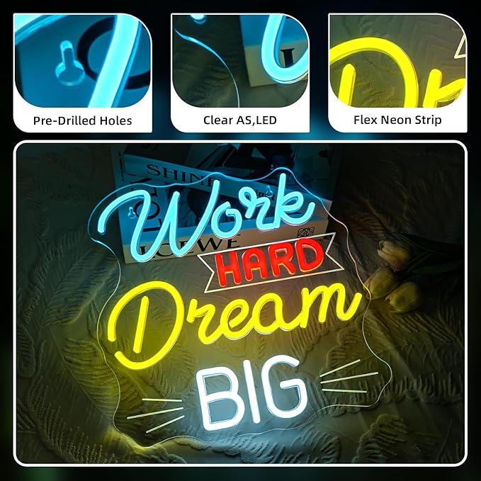 NOSUN Work Hard Dream Big Neon Sign Inspirational slogan personal studio LED Sign Wall Decor Adjustable Brightness Neon Signs USB Connect Neon Light for Bedroom Home Bar Club Hotel Party Decor