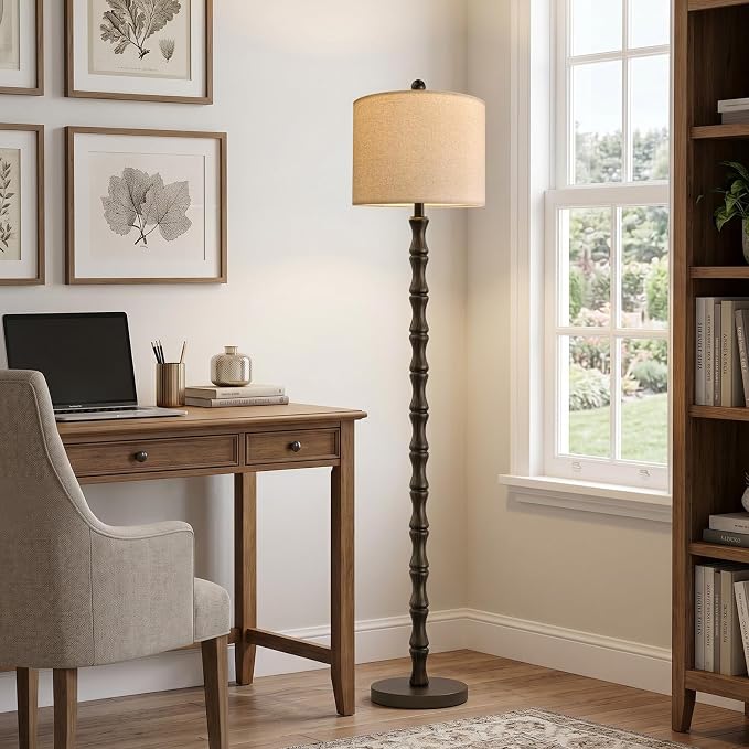 62" Farmhouse Floor Lamp for Living Room, Rustic Standing Lamp with Linen Shade and Rotary Switch, Resin Corner Floor Lamp for Bedroom, Dining Room, Office, Home Decor, Dark Brown